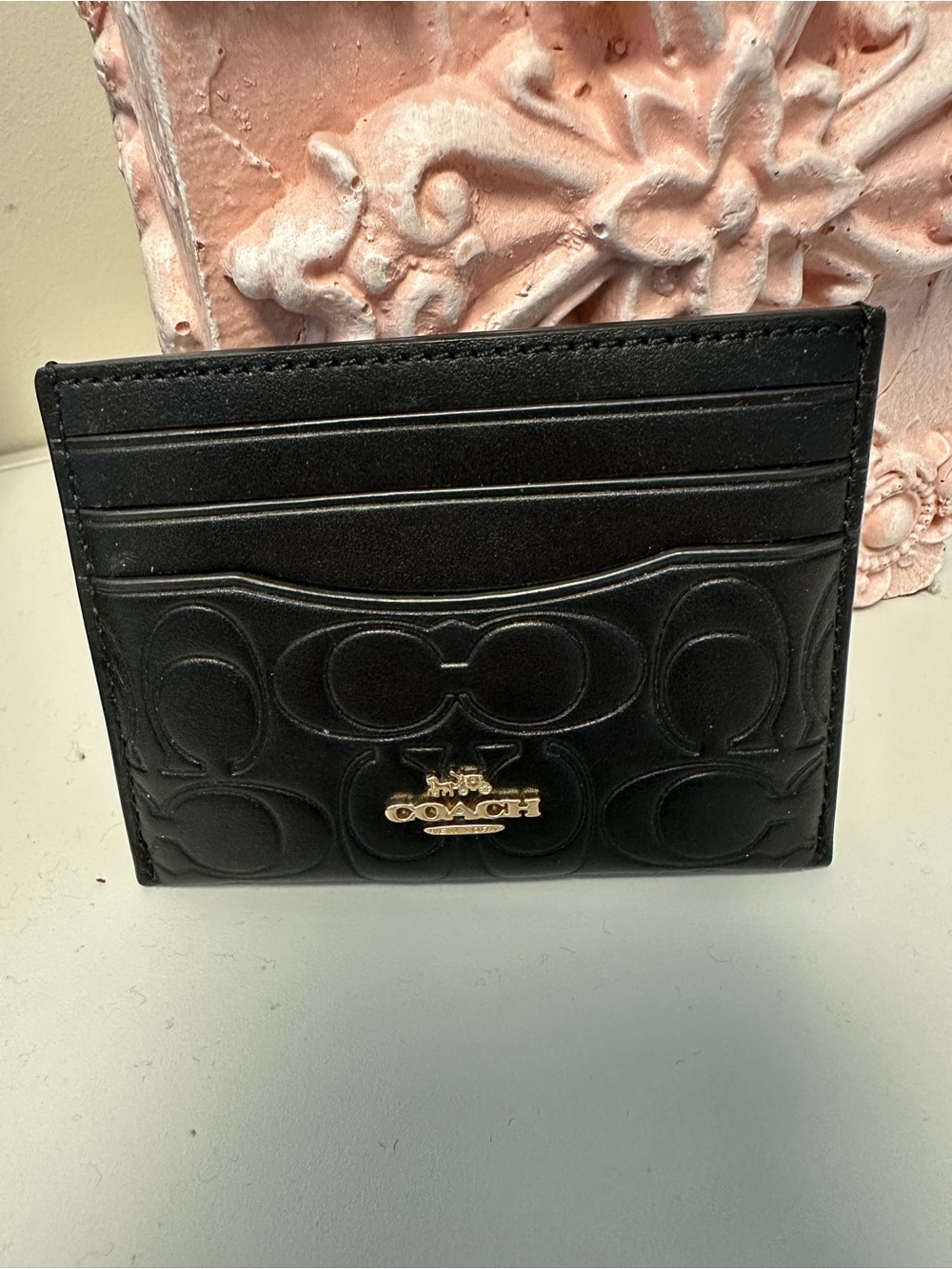 COACH Black Embossed Signature Leather Card Holder with Gold Logo